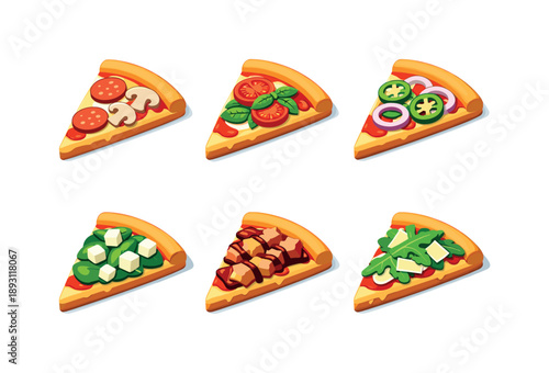 Colorful Pizza Toppings. Pizza toppings. Isometric flat vector icons set of Pizza toppings: slice with sausage and mushrooms, tomato basil slice, jalapeno and
