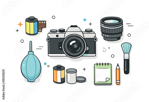 Analog Photography Tools. Analog photography flat lay. Assorted tools like camera, lens, film cartridge, and cleaning brush arranged clearly, evoking a slow