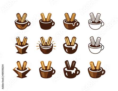Global Breakfast Logos. Trying global breakfast traditions. Icon set. Set Logo of Trying global breakfast traditions: churros. harmonious logo variations of