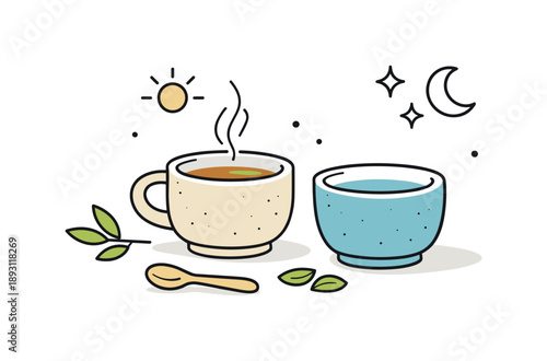 Mindful Tea Ritual. Mindful moments. Stoneware tea cups shown in a simple still life, emphasizing calm, warmth, and appreciation of everyday objects.