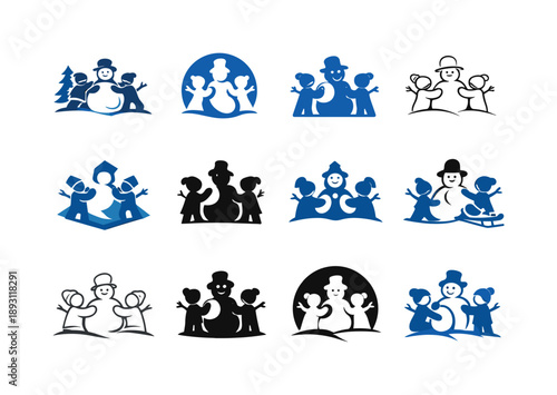 Snowman Icon Set. Snowman-building contest and snow activities. Icon set. Set Logo of Snowman-building contest and snow activities: branch arms. harmonious