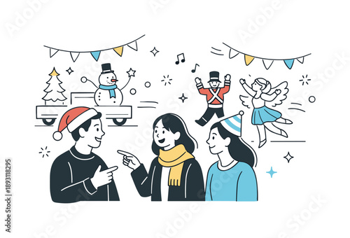 Joyful Parade Gathering. People at holiday parade interaction. Friends talking and pointing toward decorations and performers. Lively yet relaxed social