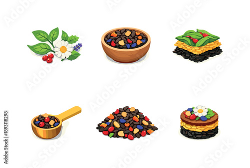 Tea Blending Icons. Tea Blending. Isometric flat vector icons set of Tea Blending: assorted herbal leaves, blending tea mix bowl, layered tea leaves, measured