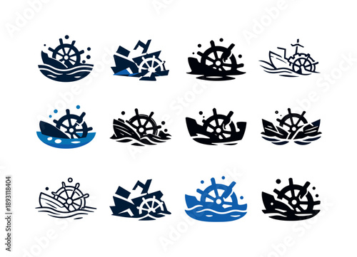 Sunken Ships Icon Set. sunken ships. Icon set. Set Logo of sunken ships: broken rudder. harmonious logo variations of the same emblematic concept, each with
