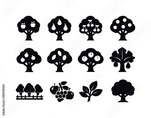 Fruit Tree Icons. Fruit trees. Solid icon set of fruit trees: apple tree, pear tree, cherry tree, orange tree, plum tree, lemon tree, peach tree, fig tree,