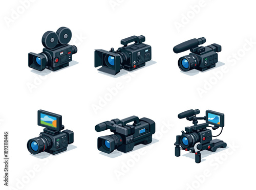 Filmmaking Equipment Icons. Filmmaking. Isometric flat vector icons set of filmmaking: cinema video camera, camera with matte box, camera with
