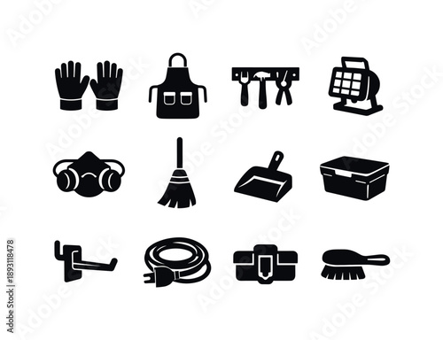 Workshop Essentials Icons. Hands-on job. Solid icon set of general workshop essentials: work gloves, apron, tool rack, shop light, dust mask, broom, dustpan,