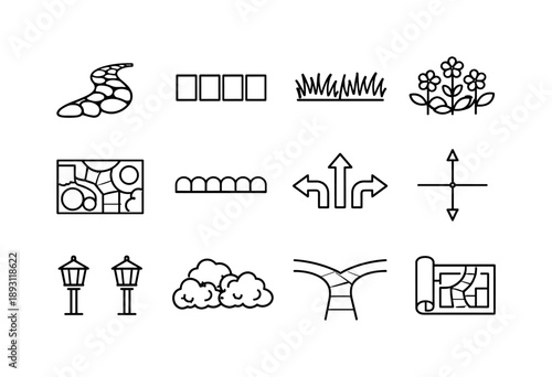 Garden Pathway Icons. Garden pathway design. Line icon set of Garden pathway design: winding stone path, rectangular pavers, grass borders, flowering plants,
