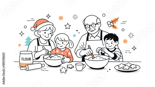 Cozy Holiday Baking. Holiday baking with grandparents. Grandparents and grandchildren baking together, mixing dough and smiling warmly. Generational bonding