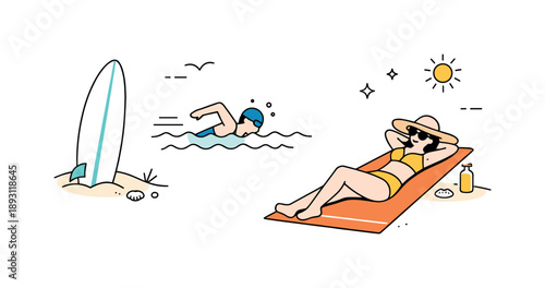 Coastal Leisure Vibes. Beach activities illustration. A person swimming, another sunbathing, and a surfboard resting in the sand. Light movement and relaxed