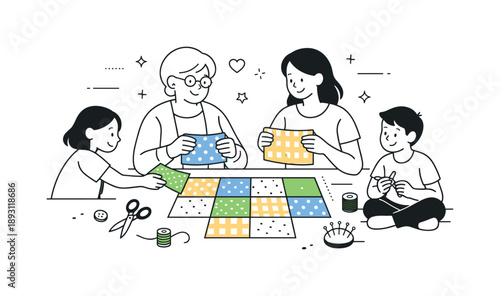 Family Quilt Collaboration. Family quilt crafting. Two generations working together on a quilt, sharing fabric pieces and patterns. Calm collaboration and