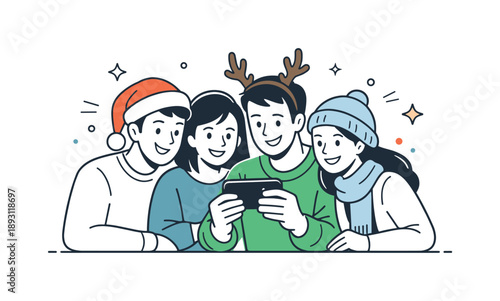Christmas Selfie Joy. Group Christmas selfie memory. Friends reviewing the selfie together on the phone screen, relaxed smiles after the shot. Capturing