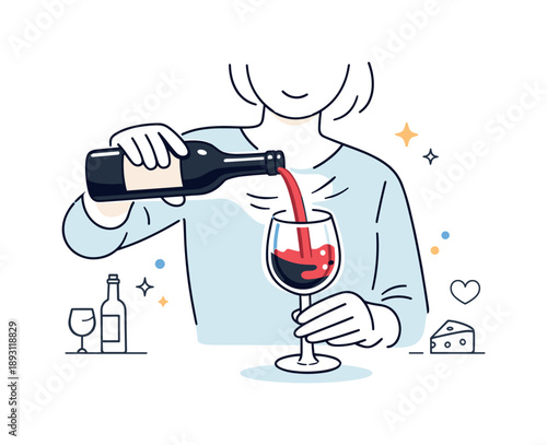 Elegant Beverage Pouring. Pouring a drink. A person carefully pouring wine or beer into a glass, with subtle motion lines and abstract decorative accents