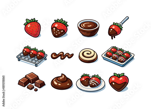 Isometric Strawberry Delight. Chocolate-Dipped Strawberries. Colorful isometric vector icons set of Chocolate-Dipped Strawberries: whole strawberries, dipped