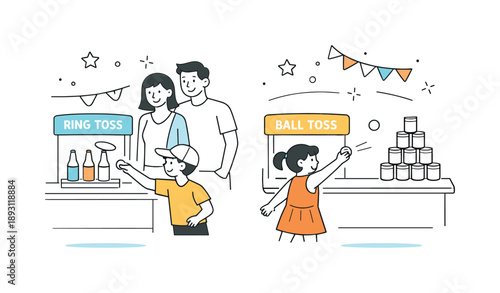 Family Amusement Park Fun. Family in amusement park games. Children playing simple carnival games while parents watch nearby with smiles. Fun challenges and