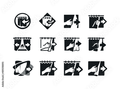Shower Curtain Logos. Replacing shower curtain. Icon set. Set Logo of replacing shower curtain: bathroom upgrade action. harmonious logo variations of the same