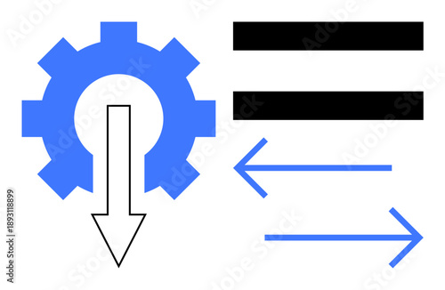 Gear with downward arrow signifies process, two bold lines symbolize input, and arrows depict a dynamic flow. Ideal for workflow, automation, engineering, data management, productivity, processes