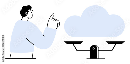 Cloud computing, decision-making, technology balance, innovation, digital solutions, data storage. Person gesturing towards a cloud with a balancing scale. Cloud computing and decision-making concept