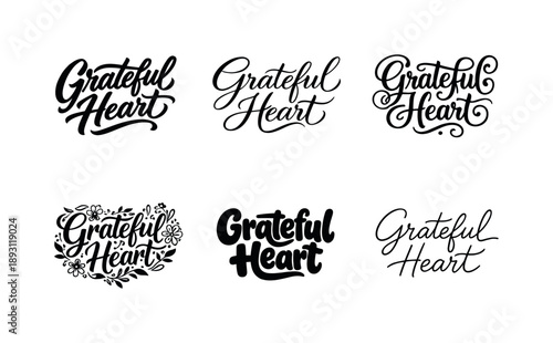 Grateful Heart Variations. Grateful heart lettering. Set lettering. harmonious lettering variations of the same emblematic concept, each with different