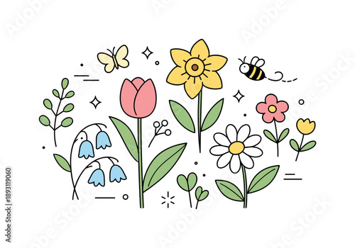 Modern Spring Blossoms. Spring flowers flat illustration. Clean modern floral elements with soft outlines and balanced proportions, calm editorial look