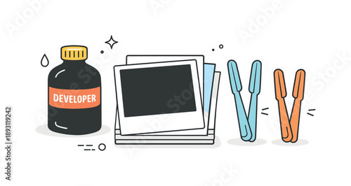 Analog Photography Essentials. Darkroom tools flat lay. Analog photo gear including developer bottle, tongs, and photo paper stack arranged in a balanced