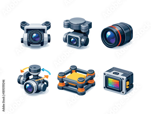 Drone Camera Icons. Drone Camera. Isometric flat vector icons set of Drone Camera: aerial camera gimbal top view, stabilized camera mount, drone lens housing,