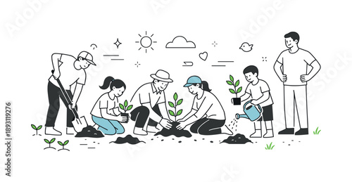 Sustainable Planting Initiative. Tree planting activity. People digging soil and placing saplings, cooperative gestures and peaceful outdoor mood. Editorial