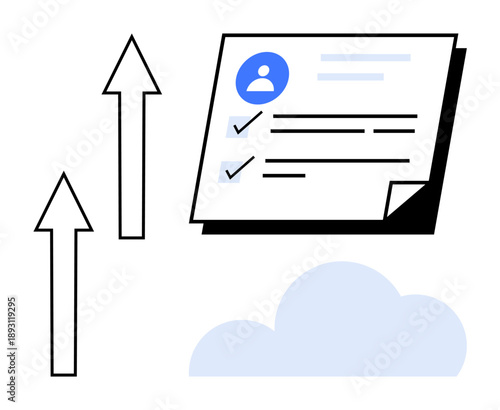 User profile and tasks on a document with checkmarks, upward arrows, and cloud scene. Ideal for productivity, growth, organization, digital tools, personal development, online activity simple flat