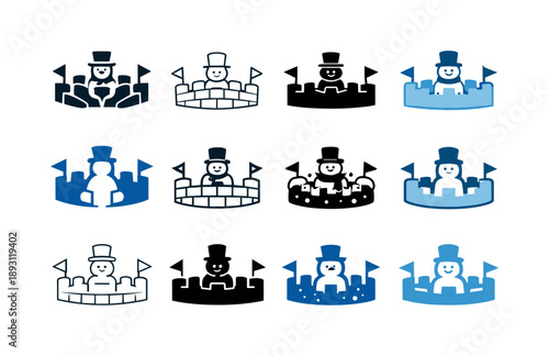 Snowman Icon Set. Snowman-building contest and snow activities. Icon set. Set Logo of Snowman-building contest and snow activities: snow fort wall. harmonious