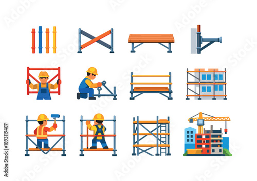 Colorful Scaffolding Icons. Construction scaffolding. Colorful flat vector icons set of construction scaffolding: scaffold poles, cross braces, plank platform,