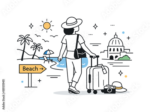 Vacation Begins. Holiday travel destination arrival. A traveler arriving near a beach or city landmark with luggage, symbolizing the start of vacation. Warm,
