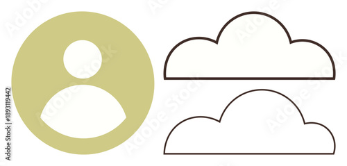Cloud computing, online data storage, user accounts, digital profiles, technology, web connectivity. Minimalist ion of a user icon with two cloud outlines. Cloud computing and online data storage
