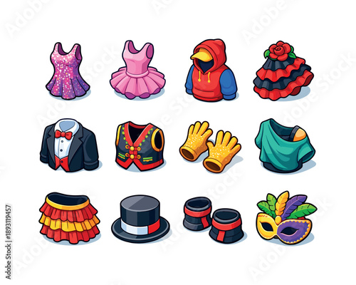 Colorful Dance Costumes Icons. Dance costumes. Colorful isometric vector icons set of dance costumes: sequin dress, ballet leotard, hip-hop hoodie, flamenco