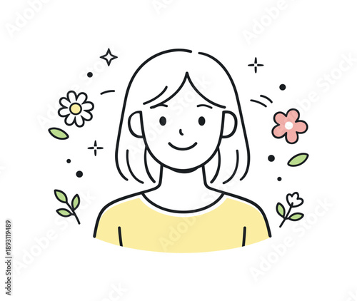 Springtime Smiling Avatar. Spring avatar. A smiling character with light clothing and small floral elements around the head or shoulders. Fresh mood, renewal