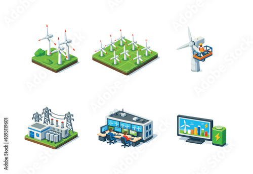Colorful Wind Farm Icons. Wind farm. Isometric flat vector icons set of wind farm: group of wind turbines, turbine layout grid, maintenance service platform,