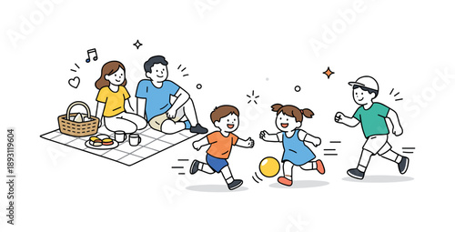 Joyful Family Picnic. Family picnic playful moment. Children running, laughing, or playing near the picnic blanket while adults watch, highlighting joyful