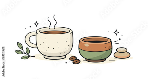 Artisan Pottery Illustration. Handcrafted pottery. A close-up scene of stoneware tea cups with organic shapes and earthy tones, expressing craftsmanship and