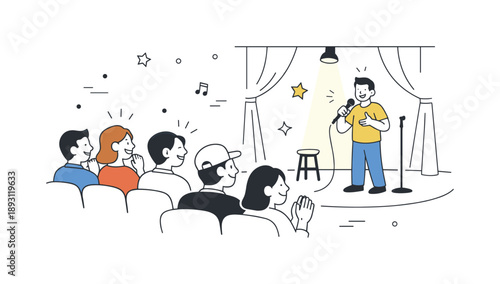 Theater Night Delight. Evening at the theater. A relaxed audience enjoying a comedy show, with stage lights softly glowing. The illustration suggests