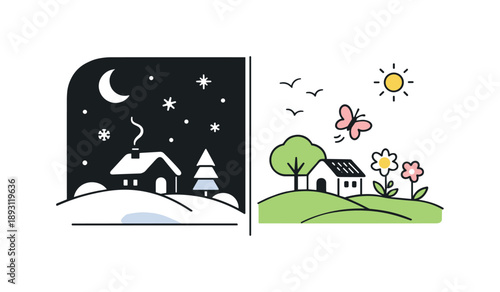 Seasonal Contrast Art. Season contrast minimal art. A clean abstract scene divided into two balanced zones, showing calm winter shapes against lighter spring