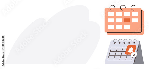 Time management, scheduling, organization, reminders, planning, alerts. Two different calendars with highlighted dates and notification icon. Time management and scheduling concept