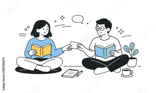 Reading Together Peacefully. Quiet reading companionship. A gentle editorial scene of people sharing space while reading, exchanging looks or notes