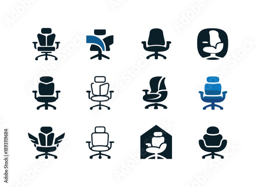 Remote Work Icons. Remote work productivity tips. Icon set. Set Logo of remote work productivity tips: ergonomic chair. harmonious logo variations of the same