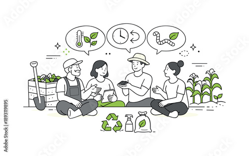 Compost Optimization Collaboration. Advanced composting techniques. A small group discussing compost optimization methods near a garden, calm collaboration and