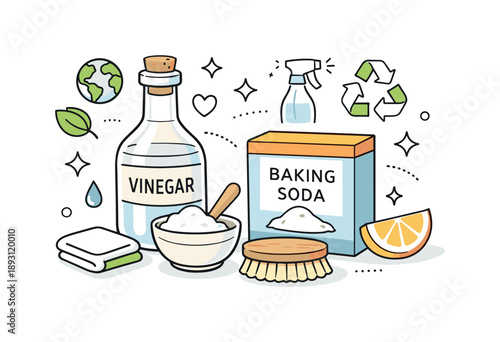 Eco-Friendly Cleaning Essentials. Eco-friendly cleaning hack. Natural cleaning ingredients like vinegar and baking soda arranged neatly with icons. The scene