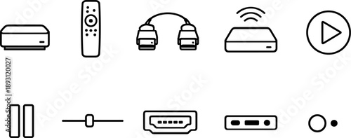 Collection of electronic device icons including remote, headphones, media player, and ports