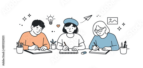 Calm Creative Workshop. People drawing together. A calm workshop scene with people sketching quietly side by side, focused on process and creative flow.