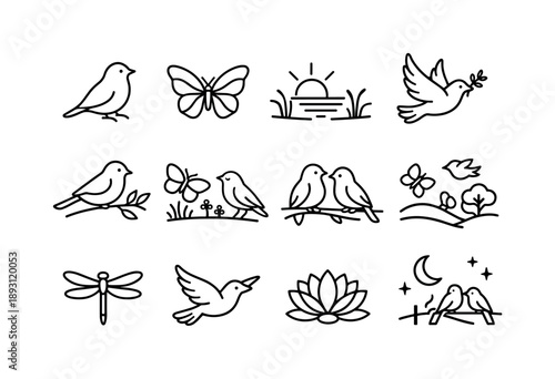 Calm Nature Icons. Peaceful Birds and Butterflies. Line icon set of Peaceful Birds and Butterflies: calm bird silhouette, butterfly symmetry wings, tranquil