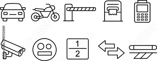 Collection of line art icons representing parking lot services and security features