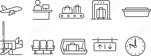 Collection of airport and travel icons representing various services and amenities