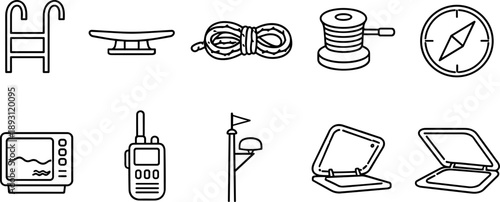 Collection of nautical equipment icons for marine navigation and safety on a boat